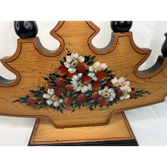 Vtg 1984 Hand Painted Country Scent Floral 5 Arm Wood Candle Holder Signed 18” - Picture 6 of 10